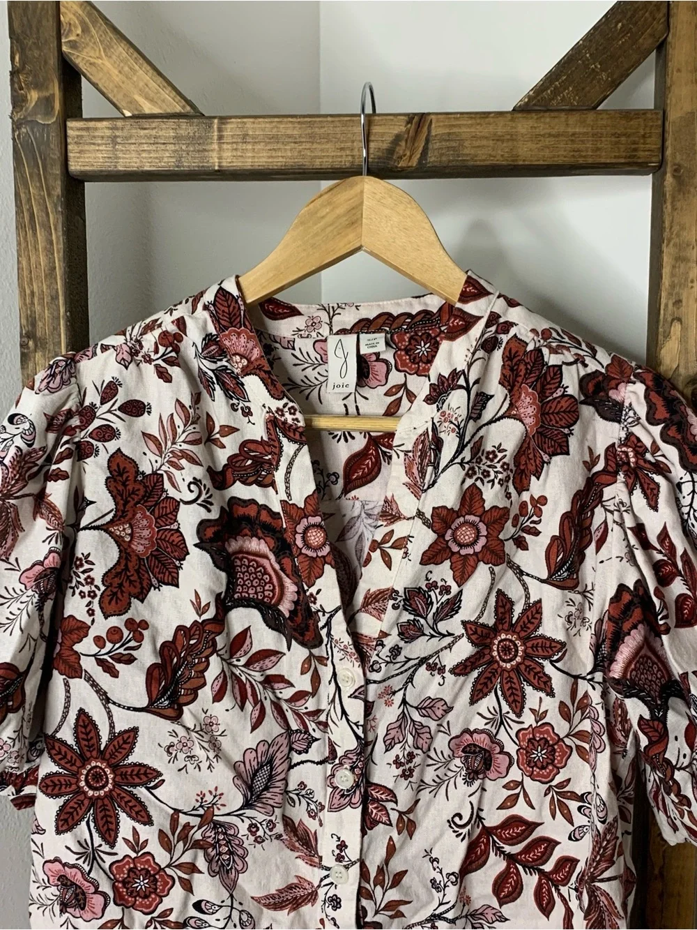 Joie Linen Blend Floral Button-Front Puff Sleeve Top Size S